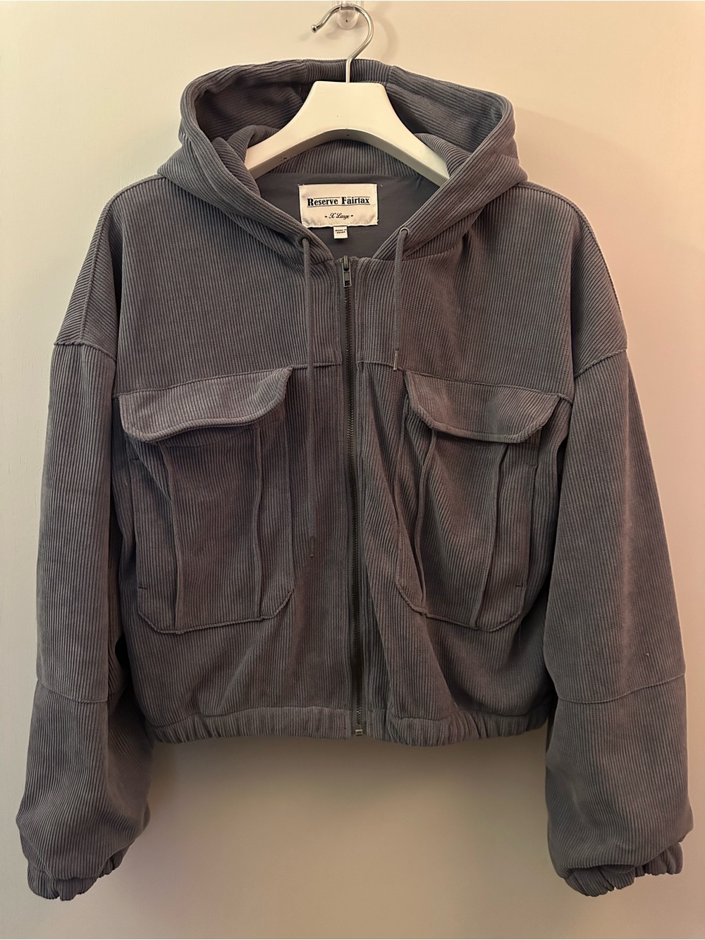 RESERVE FAIRFAX Corduroy Crop Zip Hoodie Jacket in Gray Blue